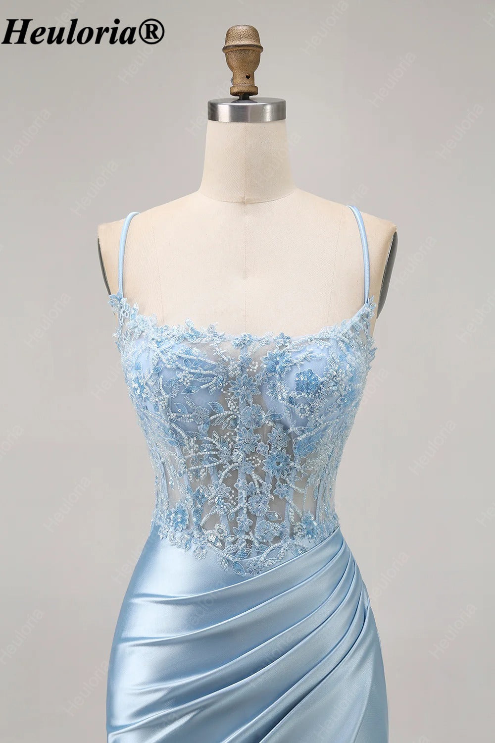 HEULORIA Light Blue Lace Corset Satin Mini Dress with Lace-Up Back ED-296