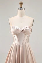 HEULORIA Champagne Satin Strapless Short Prom Dress - Twisted Sweetheart & Corset Back ED-329