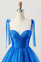 HEULORIA Royal Blue Sweetheart Tie-Strap Short Homecoming Dress - Ruffled Corset Back Cocktail Gown ED-295