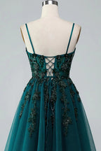 HEULORIA Sparkly Dark Green Short Prom Dress - Square Neck A-Line Tulle Homecoming Gown with Lace Appliqués ED-300