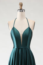 HEULORIA Dark Green Plunging V-Neck Satin Evening Gown with Lace-Up Corset Back ED-334