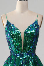 HEULORIA Dark Green Sequin V-Neck Prom Dress: Spaghetti Strap Lace-Up A-Line Formal Gown ED-340