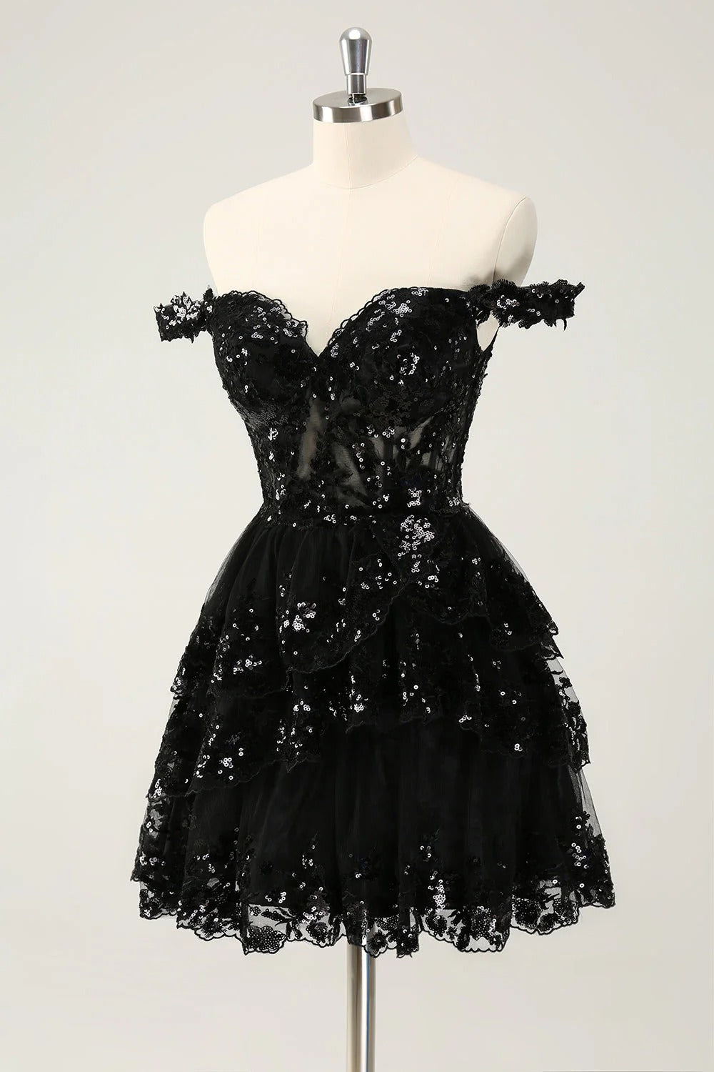 HEULORIA Champagne Off-the-Shoulder Sequin Tiered Mini Dress - Corset Bodice Party & Homecoming Dress ED-277