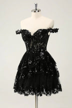 HEULORIA Champagne Off-the-Shoulder Sequin Tiered Mini Dress - Corset Bodice Party & Homecoming Dress ED-277