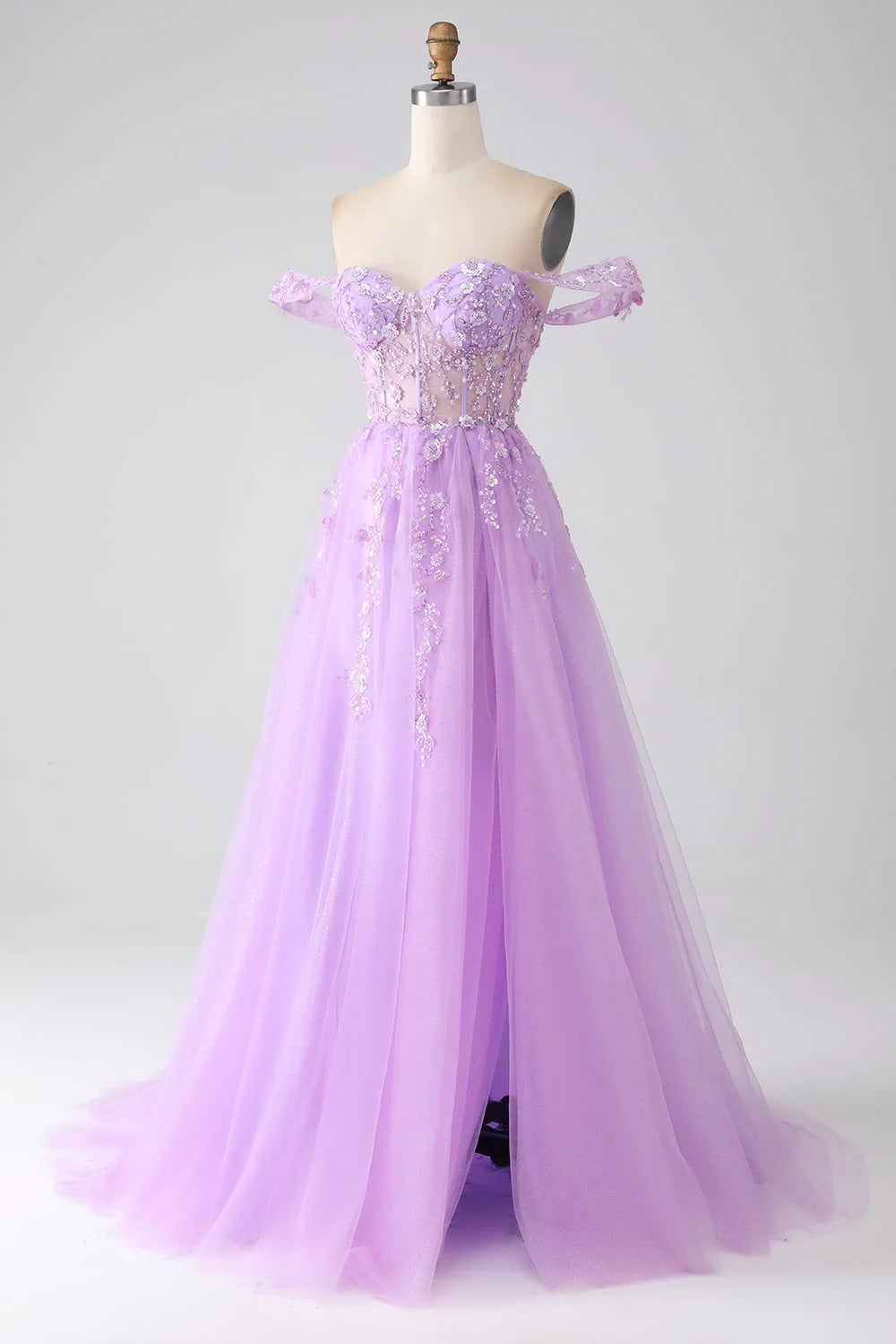 HEULORIA Lilac Off-The-Shoulder Sweetheart Prom Dress with 3D Floral Appliques & Corset Bodice ED-338