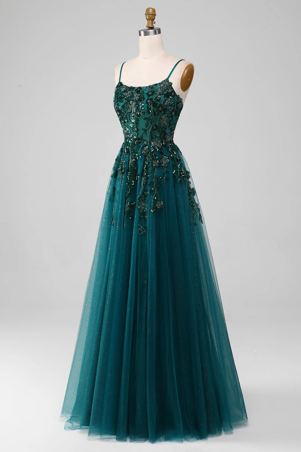 HEULORIA Elegant Dark Green Sequin Floral Prom Dress - Spaghetti Straps & Glitter Tulle A-Line Gown ED-339