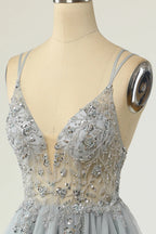 HEULORIA Sparkly Silver-Grey Beaded Tulle Short Prom Dress - Illusion Deep V-Neck & Double Spaghetti Straps ED-305
