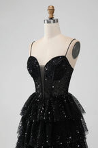 HEULORIA Sparkling Black Sequined Tiered Mini Homecoming Dress - Illusion Deep V & Spaghetti Straps ED-307