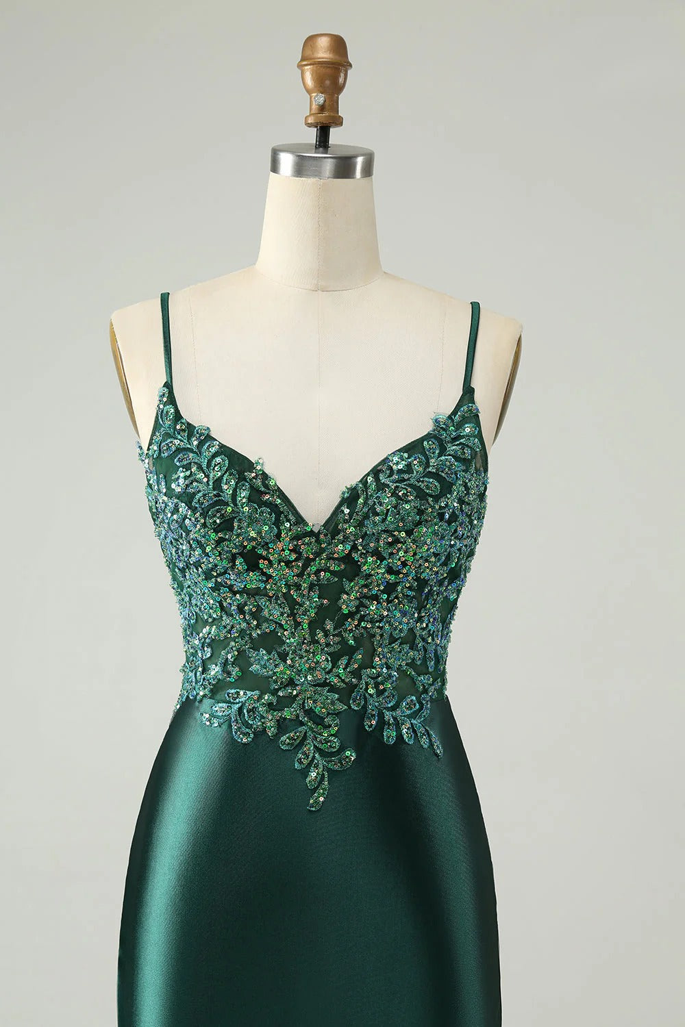 HEULORIA Emerald Green Sequin Lace Bodice Satin Mini Dress - V-Neck Spaghetti Strap Cocktail Party Gown ED-289