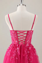 HEULORIA Enchanting 3D Floral Applique V-Neck Tulle A-Line Prom Dress - Corset Back Formal Gown ED-341