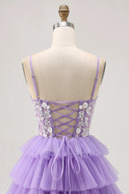 HEULORIA Lavender Tiered Tulle Mini Dress - Sequin Lace Appliqué V-Neck Cocktail Gown ED-294