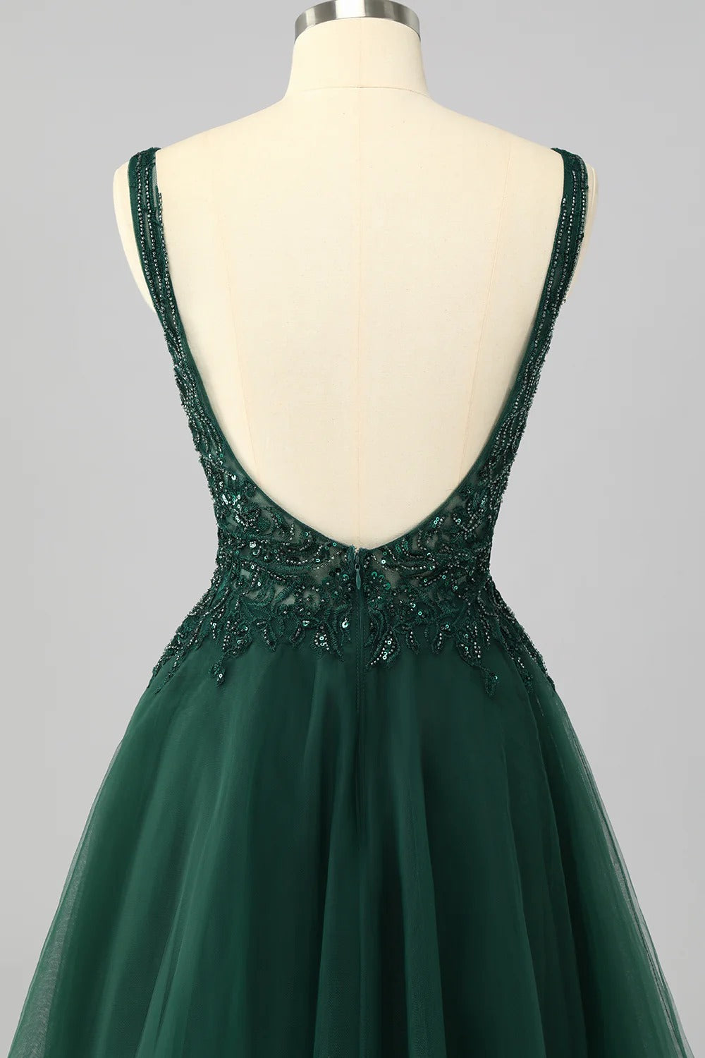 Heuloria Dark Green V-Neck Sequin Homecoming Dress - Short Tulle A-Line Cocktail Gown with Illusion Neckline ED-301