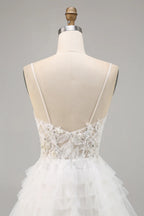 HEULORIA Enchanting Tiered Tulle Short evening Dress - Floral Lace Appliqué & Plunging V-Neck with Spaghetti Straps homecoming dress ED-290