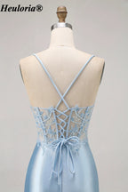 HEULORIA Light Blue Lace Corset Satin Mini Dress with Lace-Up Back ED-296