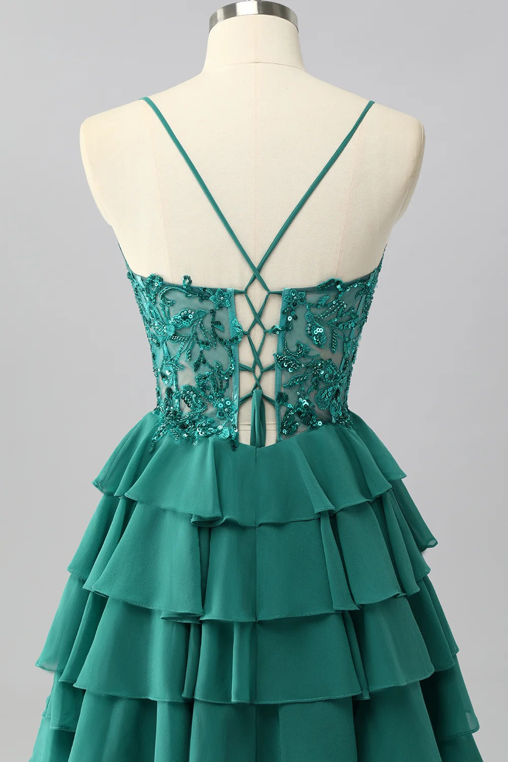 HEULORIA Dark Green Lace Tiered Homecoming Dress - Sequined Bodice with Spaghetti Straps ED-298