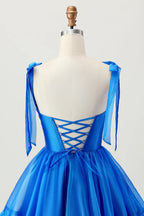 HEULORIA Royal Blue Sweetheart Tie-Strap Short Homecoming Dress - Ruffled Corset Back Cocktail Gown ED-295