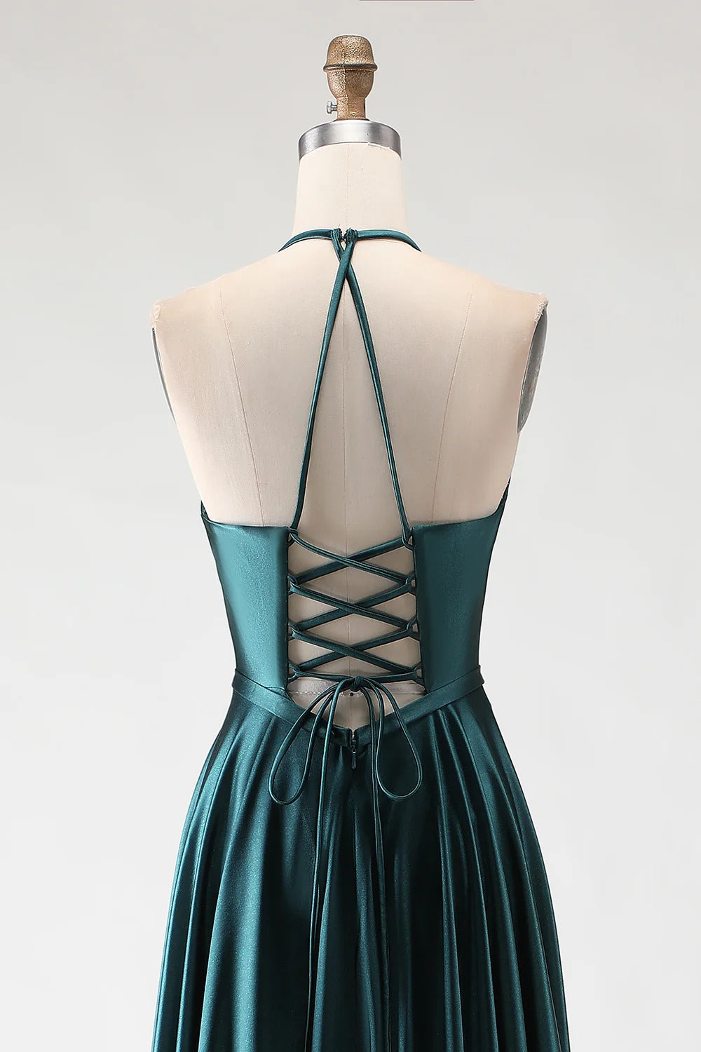 HEULORIA Dark Green Plunging V-Neck Satin Evening Gown with Lace-Up Corset Back ED-334