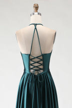 HEULORIA Dark Green Plunging V-Neck Satin Evening Gown with Lace-Up Corset Back ED-334