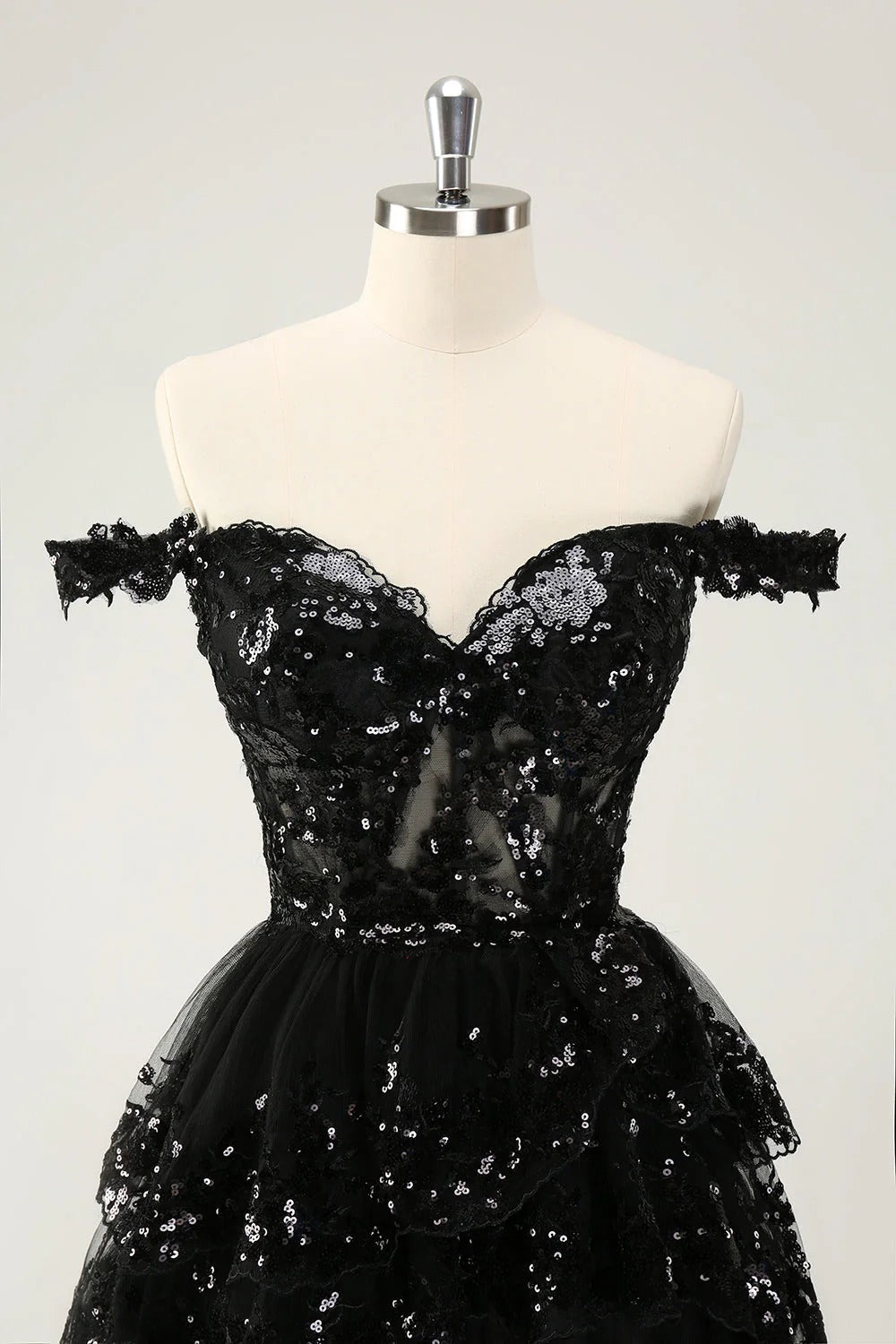HEULORIA Champagne Off-the-Shoulder Sequin Tiered Mini Dress - Corset Bodice Party & Homecoming Dress ED-277