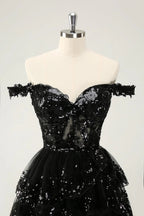 HEULORIA Champagne Off-the-Shoulder Sequin Tiered Mini Dress - Corset Bodice Party & Homecoming Dress ED-277
