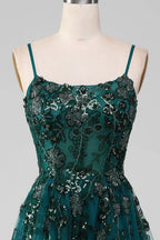 HEULORIA Elegant Dark Green Sequin Floral Prom Dress - Spaghetti Straps & Glitter Tulle A-Line Gown ED-339