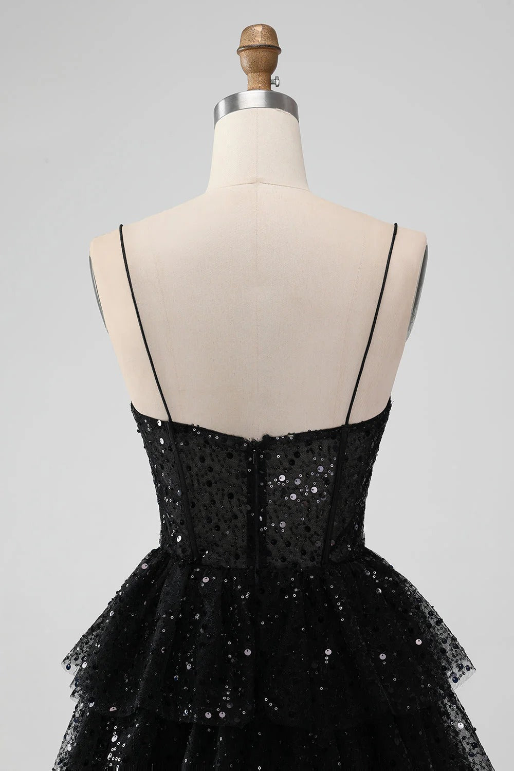 HEULORIA Sparkling Black Sequined Tiered Mini Homecoming Dress - Illusion Deep V & Spaghetti Straps ED-307