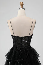 HEULORIA Sparkling Black Sequined Tiered Mini Homecoming Dress - Illusion Deep V & Spaghetti Straps ED-307