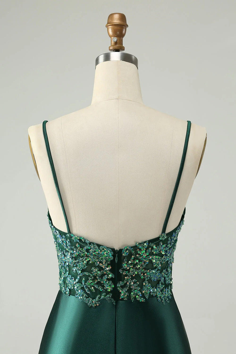 HEULORIA Emerald Green Sequin Lace Bodice Satin Mini Dress - V-Neck Spaghetti Strap Cocktail Party Gown ED-289