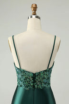 HEULORIA Emerald Green Sequin Lace Bodice Satin Mini Dress - V-Neck Spaghetti Strap Cocktail Party Gown ED-289