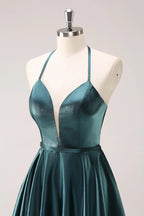 HEULORIA Peacock Green Shimmering Deep V-Neck Mini Dress: Illusion Mesh & Lace-Up Back A-Line Prom Gown ED-327