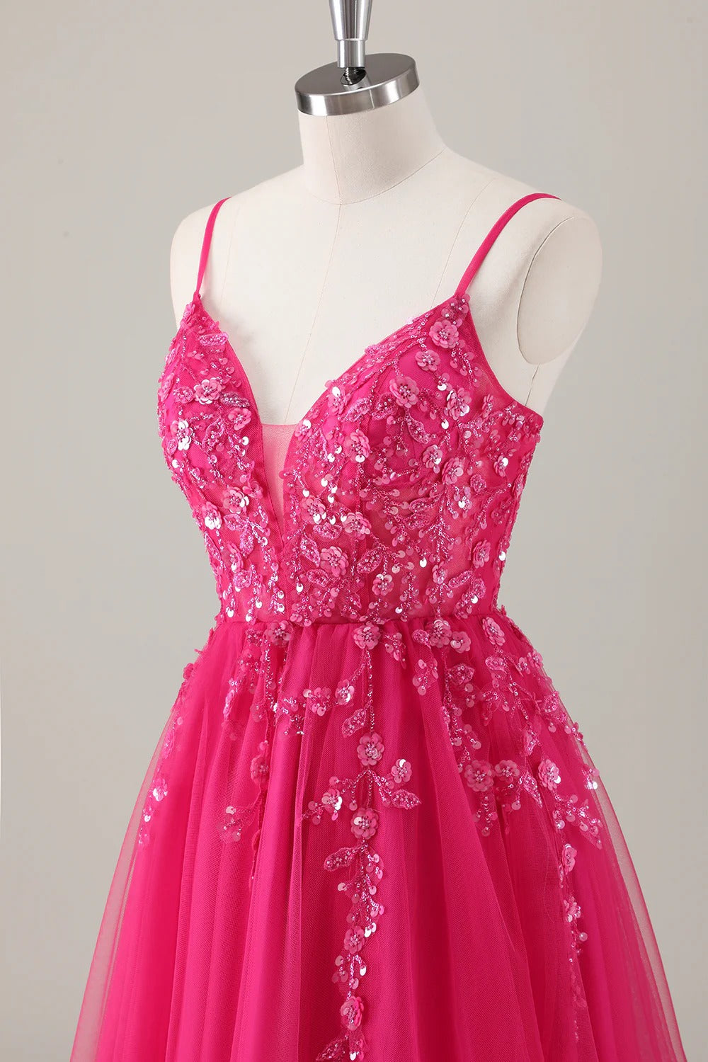 HEULORIA Enchanting 3D Floral Applique V-Neck Tulle A-Line Prom Dress - Corset Back Formal Gown ED-341