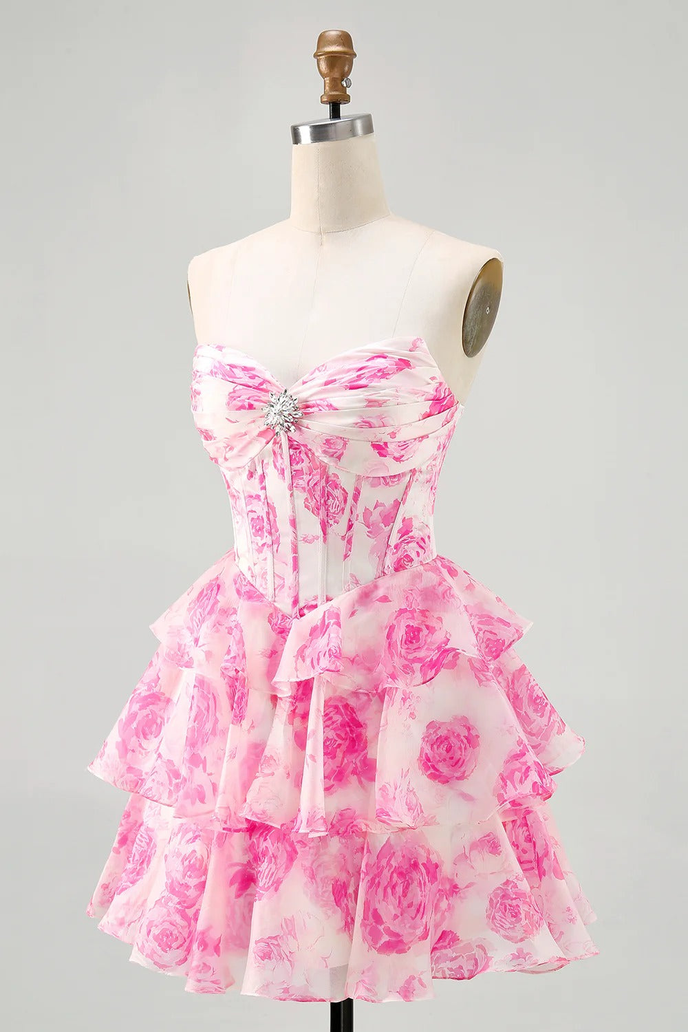 HEULORIA Enchanting Floral Print Strapless Tiered Ruffle Mini Dress - Corset Bodice with Crystal Brooch ED-291