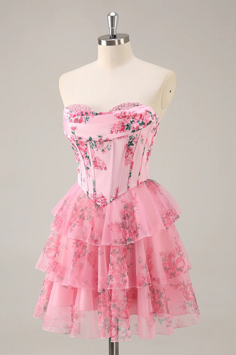HEULORIA Strapless Sweetheart Floral Corset Mini Dress with Tiered Ruffle Skirt ED-280