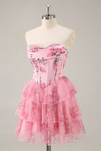 HEULORIA Strapless Sweetheart Floral Corset Mini Dress with Tiered Ruffle Skirt ED-280