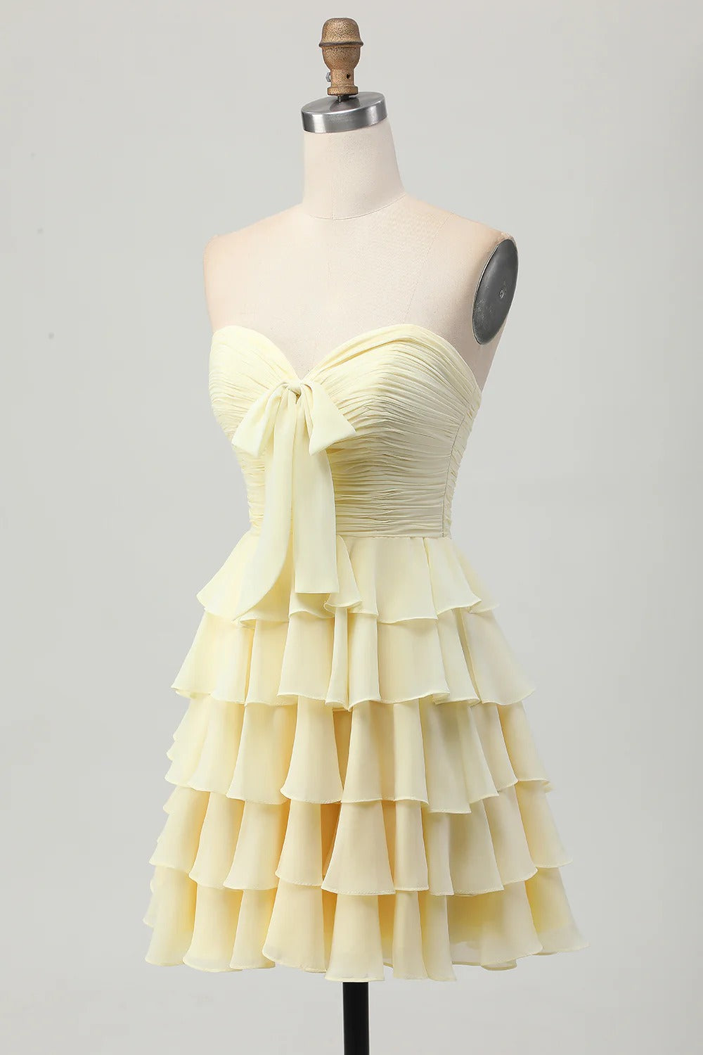 HEULORIA Light Yellow Strapless Tiered Ruched A Line Short Homecoming Dress ED-319