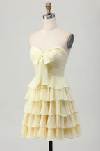 HEULORIA Light Yellow Strapless Tiered Ruched A Line Short Homecoming Dress ED-319