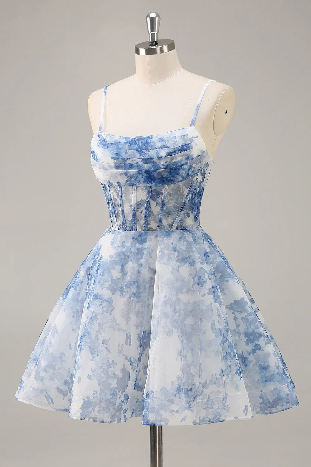 HEULORIA Blue Watercolor Floral Corset Mini Dress with Pleated Neckline & Spaghetti Straps Homecoming DressED-292