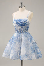 HEULORIA Blue Watercolor Floral Corset Mini Dress with Pleated Neckline & Spaghetti Straps Homecoming DressED-292
