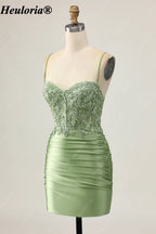 HEULORIA Sage Green Beaded Lace Corset Satin Mini Homecoming Dress with Lace-Up Back ED-304