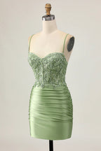 HEULORIA Sage Green Sequin Lace Corset Homecoming Dress - Ruched Satin Spaghetti Strap Mini Gown ED-304