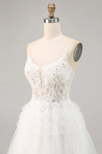 HEULORIA Enchanting Tiered Tulle Short evening Dress - Floral Lace Appliqué & Plunging V-Neck with Spaghetti Straps homecoming dress ED-290