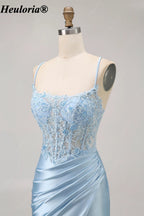 HEULORIA Light Blue Lace Corset Satin Mini Dress with Lace-Up Back ED-296