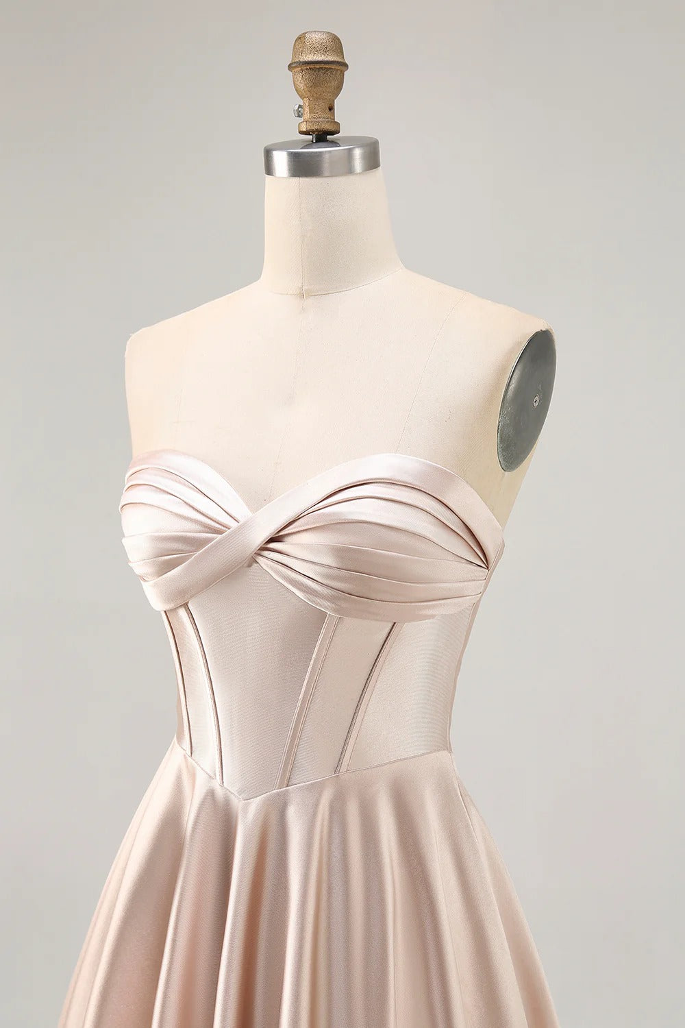 HEULORIA Champagne Satin Strapless Short Prom Dress - Twisted Sweetheart & Corset Back ED-329