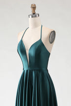 HEULORIA Dark Green Plunging V-Neck Satin Evening Gown with Lace-Up Corset Back ED-334