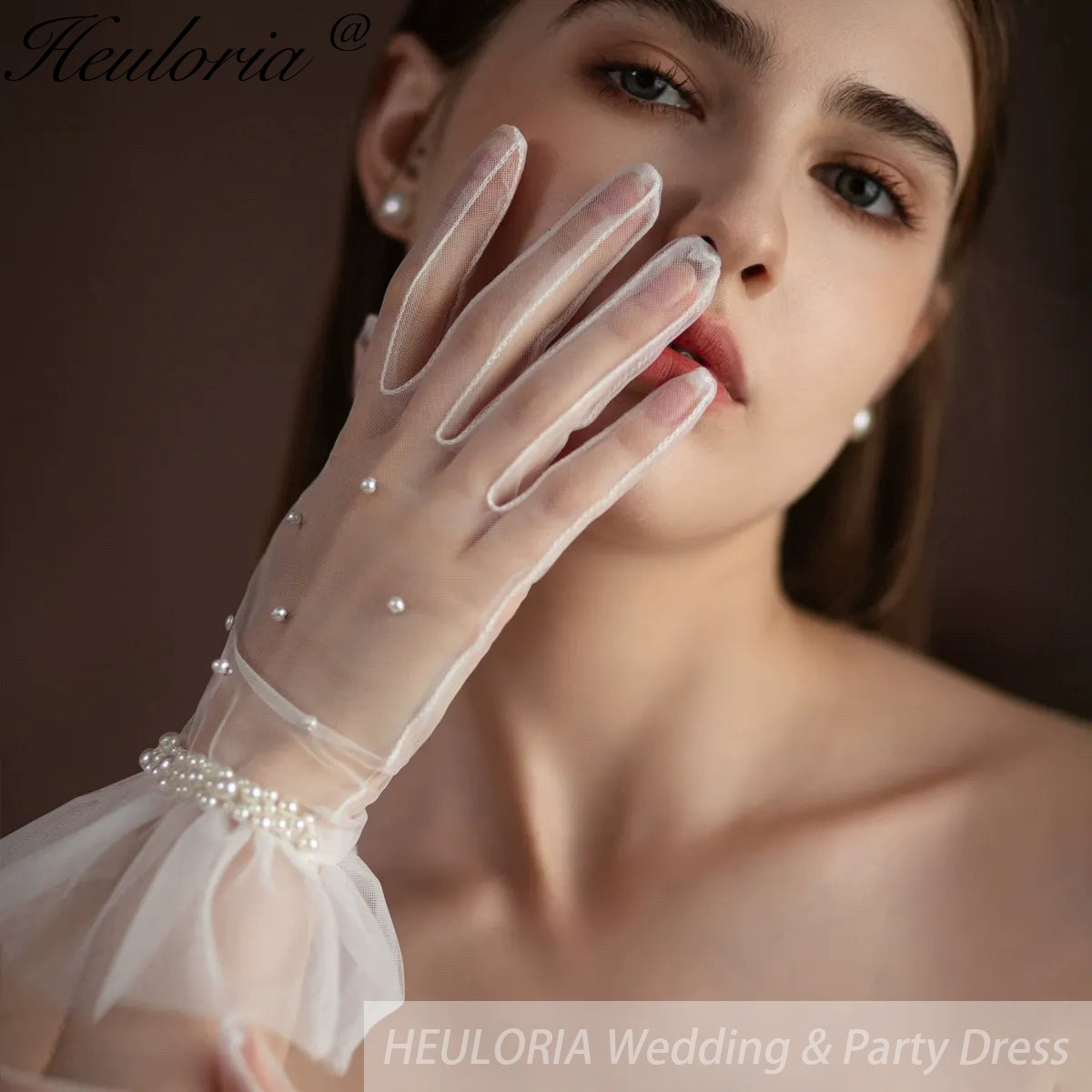 Fingertips Classic Length Tulle Bridal Gloves with pearls GL-02