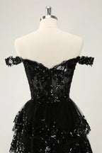 HEULORIA Champagne Off-the-Shoulder Sequin Tiered Mini Dress - Corset Bodice Party & Homecoming Dress ED-277