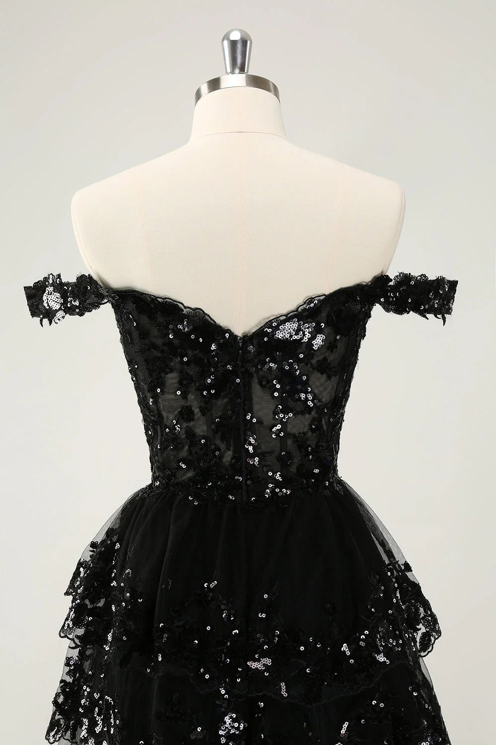 HEULORIA Champagne Off-the-Shoulder Sequin Tiered Mini Dress - Corset Bodice Party & Homecoming Dress ED-277