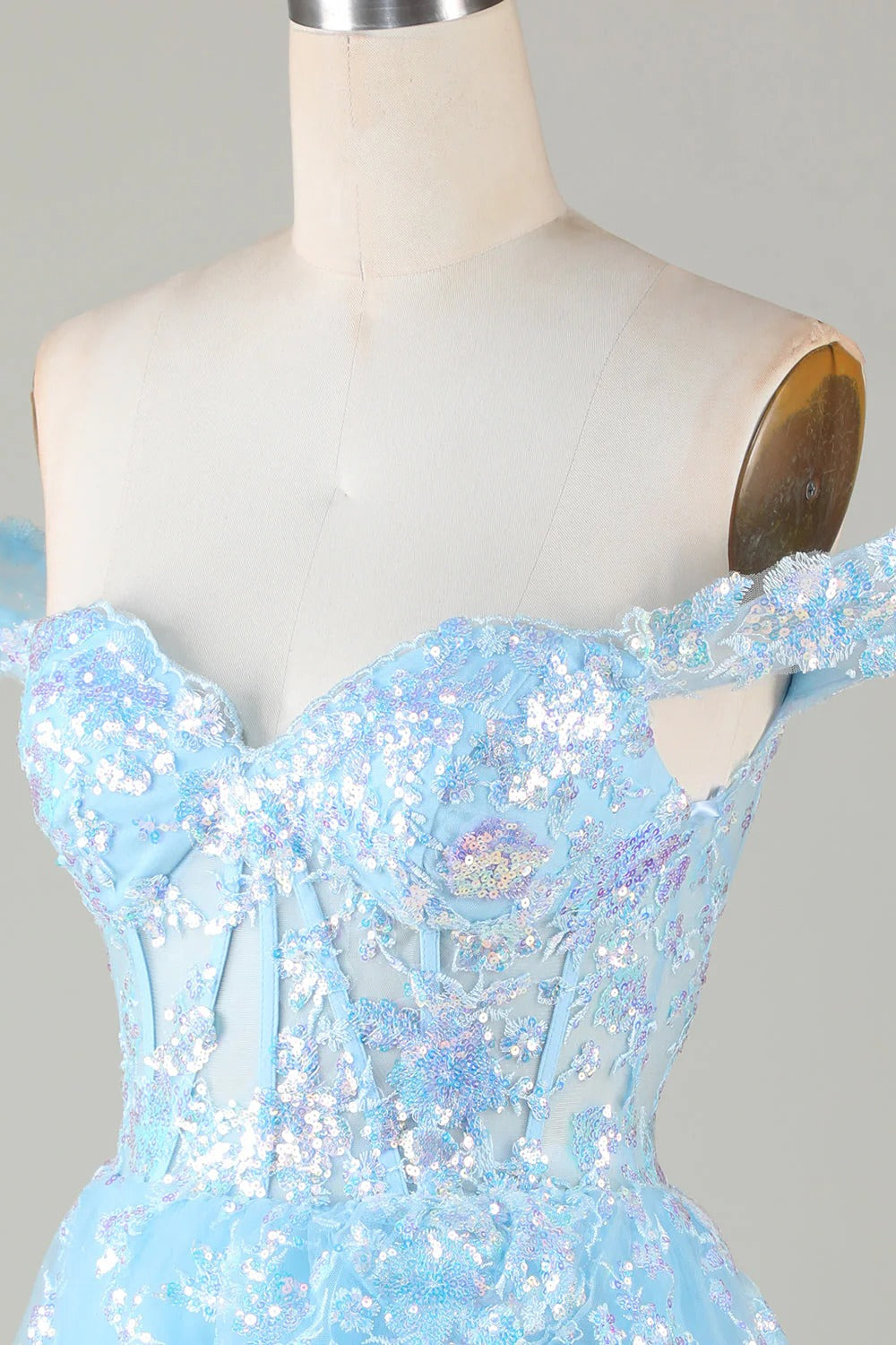 HEULORIA Champagne Off-the-Shoulder Sequin Tiered Mini Dress - Corset Bodice Party & Homecoming Dress ED-277
