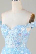 HEULORIA Champagne Off-the-Shoulder Sequin Tiered Mini Dress - Corset Bodice Party & Homecoming Dress ED-277