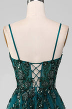 HEULORIA Elegant Dark Green Sequin Floral Prom Dress - Spaghetti Straps & Glitter Tulle A-Line Gown ED-339